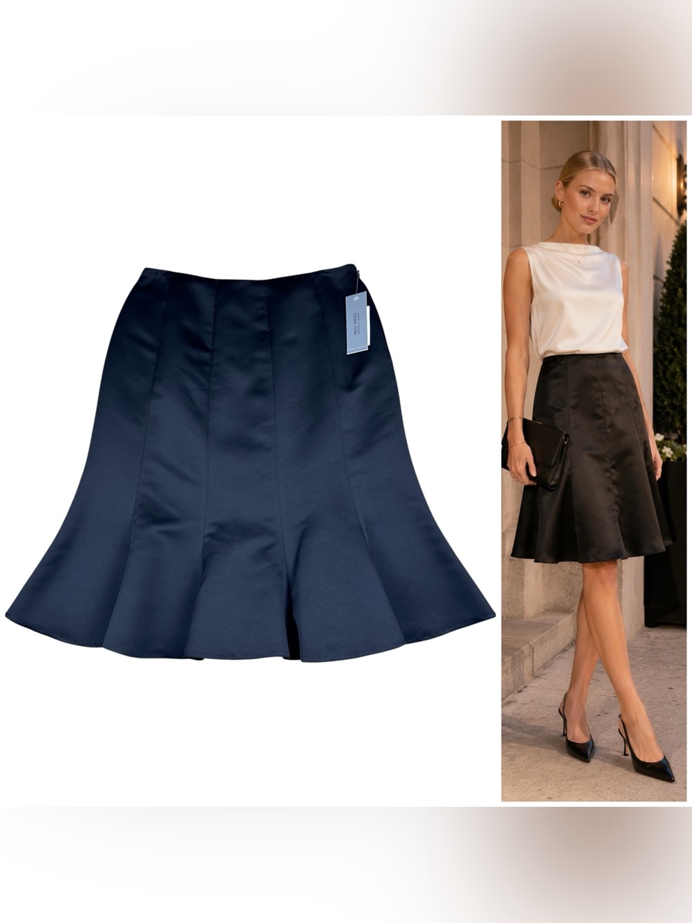 Teri Jon Rickie Freeman Satin A-Line Knee Length Skirt 14 Black Quiet Luxury NWT